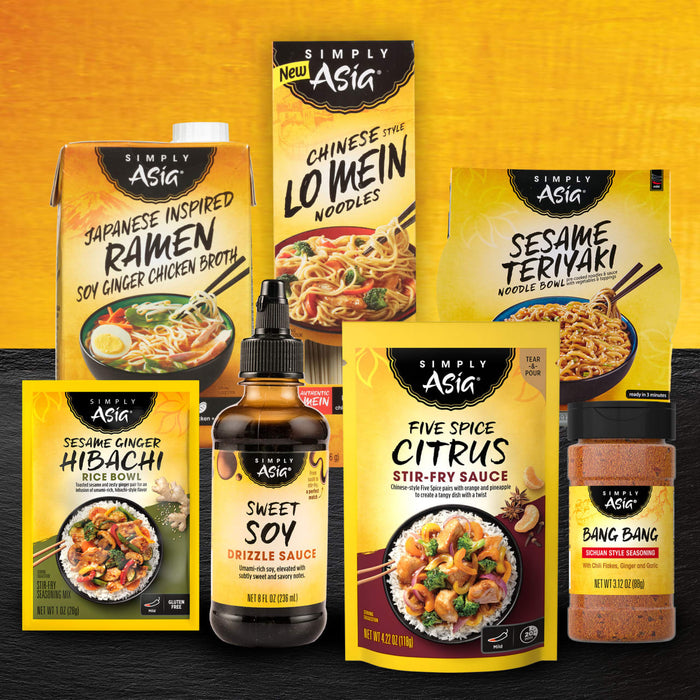 This image showcases a variety of Simply Asia products including ramen broth lo mein noodles teriyaki noodle bowl hibachi rice bowl seasoning sweet soy drizzle sauce five spice citrus stir-fry sauce and bang bang Sichuan style seasoning.