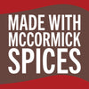 A brown and red logo with white text that reads Made with McCormick Spices.