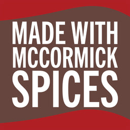 A brown and red logo with white text that reads Made with McCormick Spices.