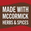 A brown and red logo with the text Made with McCormick Herbs &amp; Spices.