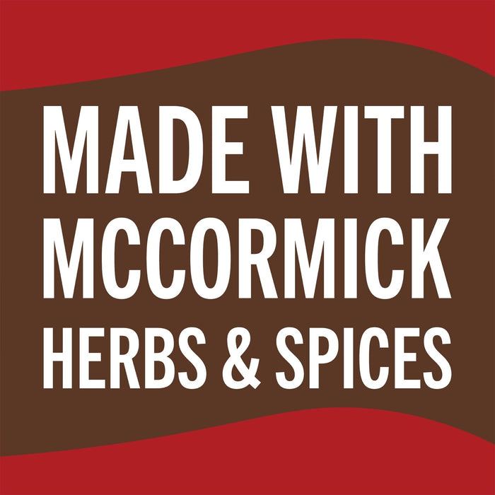 A brown and red logo with the text Made with McCormick Herbs &amp; Spices.