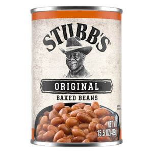 A single can from a package of Stubb'S Original Baked Beans, Canned Beans, 15.5 Oz., 12-Count, features a label with a portrait of C.B. Stubblefield and a bowl of baked beans.