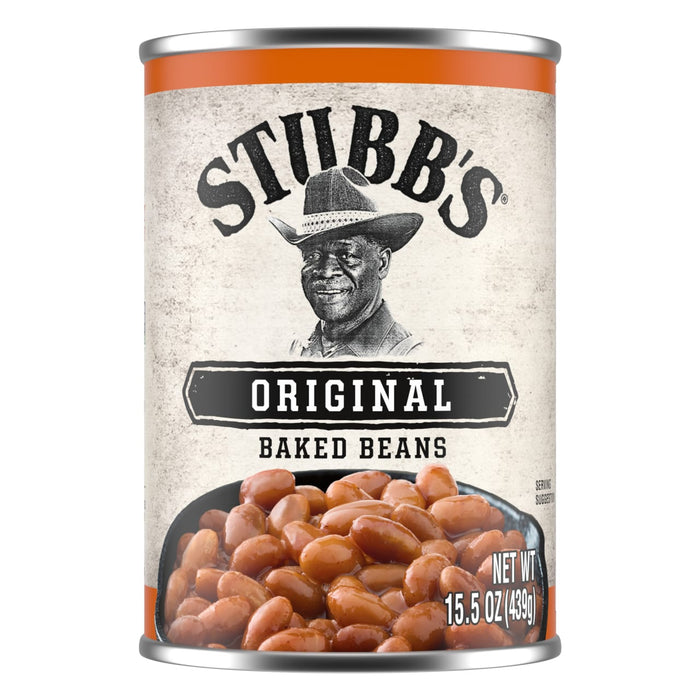 A single can from a package of Stubb'S Original Baked Beans, Canned Beans, 15.5 Oz., 12-Count, features a label with a portrait of C.B. Stubblefield and a bowl of baked beans.