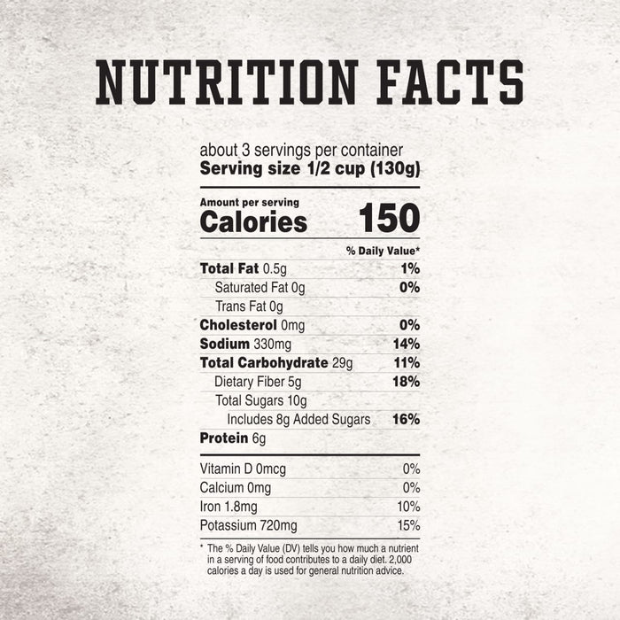 The nutrition facts label for Stubb'S Original Baked Beans, Canned Beans, 15.5 Oz., 12-Count, indicates that one serving contains 150 calories.