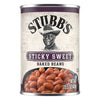 A can of Stubb'S Sticky Sweet Baked Beans, Canned Beans, 15.5 Oz. is shown with a bowl of the beans in front of the label.