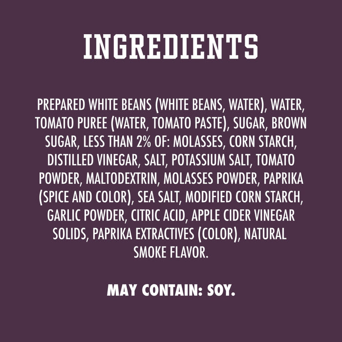 The complete ingredients list for Stubb'S Sticky Sweet Baked Beans, Canned Beans, 15.5 Oz. is displayed in white text on a dark purple background.
