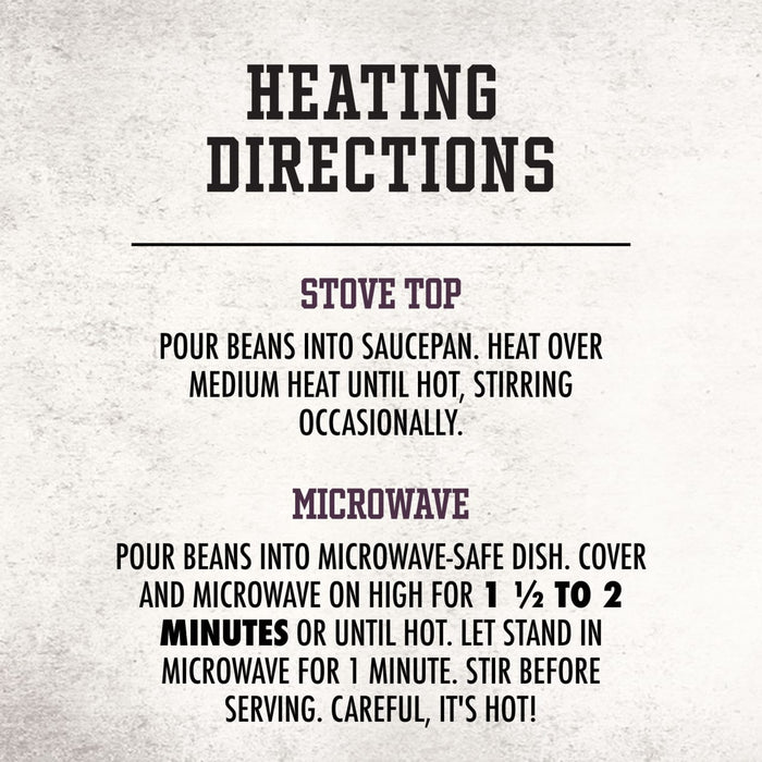 An infographic displays the heating directions for Stubb'S Sticky Sweet Baked Beans, Canned Beans, 15.5 Oz., with instructions for both stove top and microwave preparation.