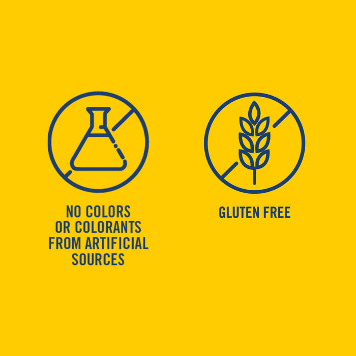 An illustration with icons shows that French'S Minion Yellow Mustard, 8 Oz is gluten-free and contains no colors or colorants from artificial sources.