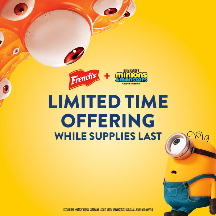 A promotional illustration for French'S Minion Yellow Mustard, 8 Oz, features a Minion character looking up at a monster to advertise a limited-time offering in partnership with the movie Illumination's Minions &amp; Monsters.