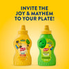 An advertisement for a Minions movie tie-in shows a bottle of French'S Minion Yellow Mustard, 8 Oz, next to a bottle of Goomi's Green Mustard against a bright yellow background with the text, Invite the joy &amp; mayhem to your plate!