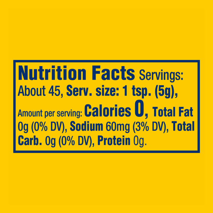 The Nutrition Facts label for French'S Minion Yellow Mustard, 8 Oz, indicates that a 1 teaspoon serving contains 0 calories, 0g of fat, 55mg of sodium, and 0g of carbohydrates.