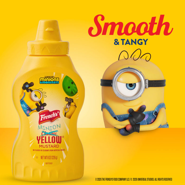 A promotional image features a bottle of French'S Minion Yellow Mustard, 8 Oz, next to a one-eyed Minion character against a bright yellow background with the words Smooth &amp; Tangy.
