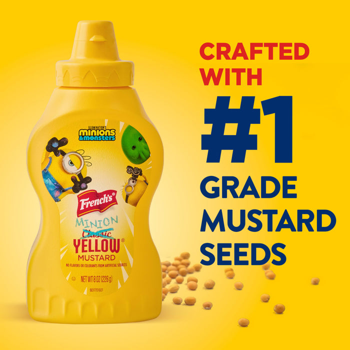 A promotional image displays a bottle of French'S Minion Yellow Mustard, 8 Oz, featuring Minions characters, alongside the text Crafted with #1 grade mustard seeds and a scattering of mustard seeds.