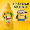 A promotional advertisement features a bottle of French'S Minion Yellow Mustard, 8 Oz, next to a happy Minion character on a yellow background with the text, DIP, SPREAD &amp; DRIZZLE.