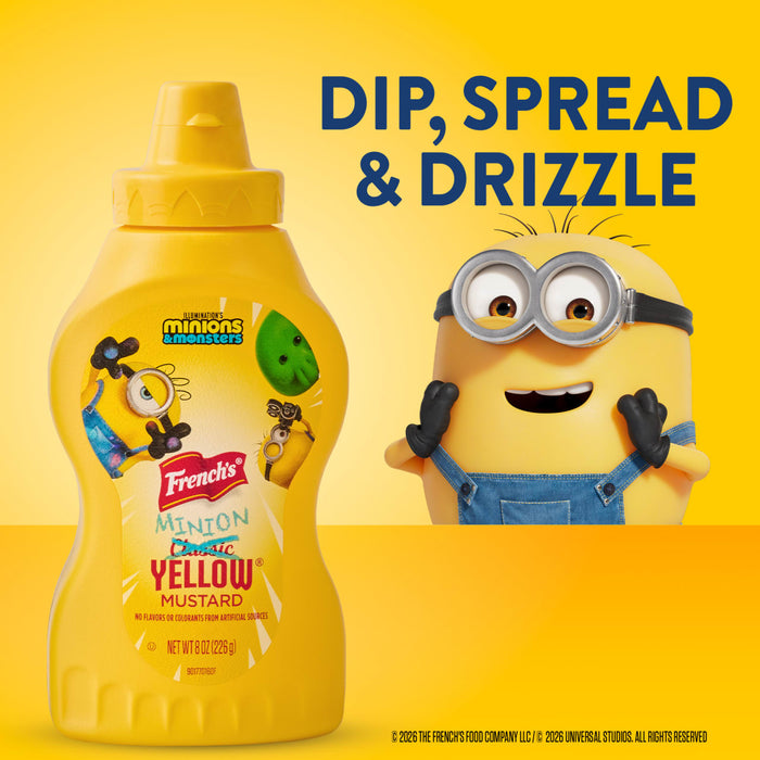 A promotional advertisement features a bottle of French'S Minion Yellow Mustard, 8 Oz, next to a happy Minion character on a yellow background with the text, DIP, SPREAD &amp; DRIZZLE.
