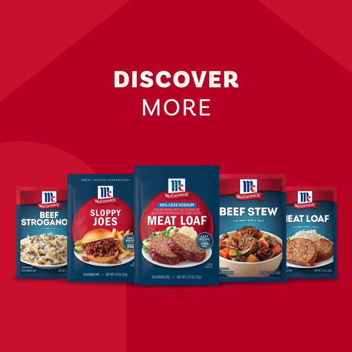 An advertisement shows a lineup of McCormick seasoning mixes, including a packet of Mccormick Regular Meat Loaf Seasoning Mix 1.25 Oz, under the text DISCOVER MORE.