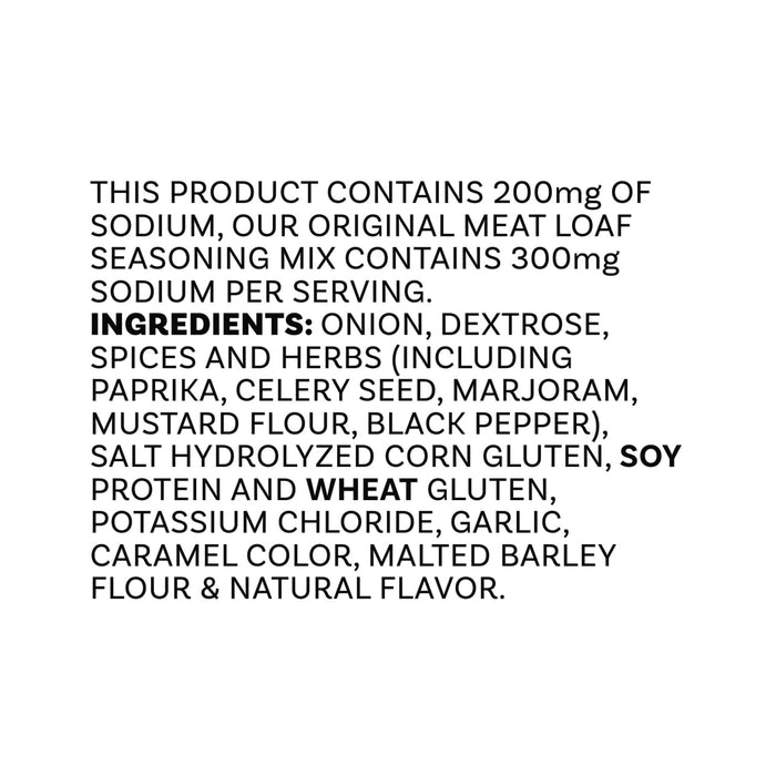 The ingredients and nutritional information for Mccormick Regular Meat Loaf Seasoning Mix 1.25 Oz are displayed in black text on a white background.
