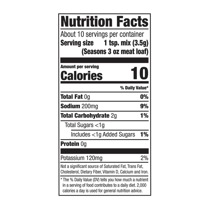 The nutrition facts label for Mccormick Regular Meat Loaf Seasoning Mix 1.25 Oz lists 10 calories per 1 teaspoon serving.