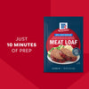 This promotional image shows a packet of Mccormick Regular Meat Loaf Seasoning Mix 1.25 Oz next to a prepared meal, emphasizing the quick 10-minute prep time.