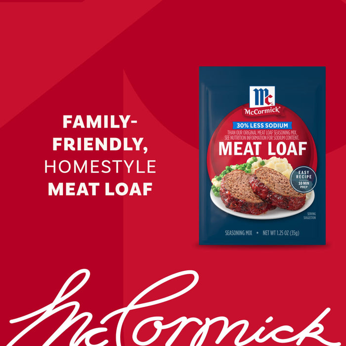 A blue packet of Mccormick Regular Meat Loaf Seasoning Mix 1.25 Oz is displayed against a red background, next to a serving suggestion of homestyle meatloaf with mashed potatoes and peas.