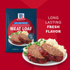 A plate of delicious meatloaf, mashed potatoes, and peas is shown next to a package of Mccormick Regular Meat Loaf Seasoning Mix 1.25 Oz to highlight the fresh flavor of the finished dish.
