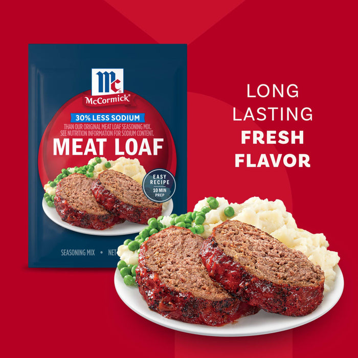 A plate of delicious meatloaf, mashed potatoes, and peas is shown next to a package of Mccormick Regular Meat Loaf Seasoning Mix 1.25 Oz to highlight the fresh flavor of the finished dish.