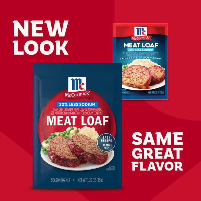 An advertisement showcases the new packaging for Mccormick Regular Meat Loaf Seasoning Mix 1.25 Oz and McCormick Brown Gravy, with the text New Look, Same Great Flavor.