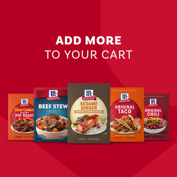 An advertisement encourages shoppers to buy more by showing a variety of McCormick seasoning packets, including the Mccormick Sesame Ginger All Purpose Sauce Mix Envelope 1 Oz, under the text ADD MORE TO YOUR CART.