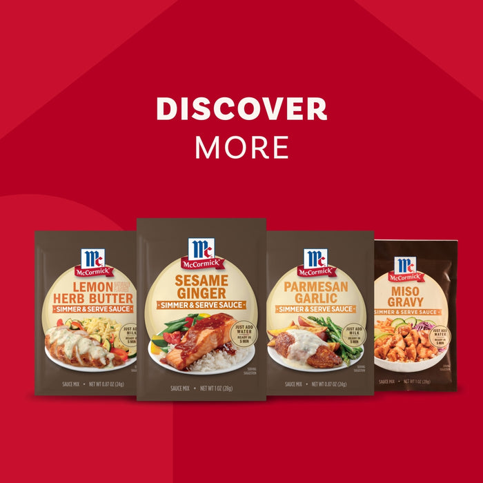 An advertisement with the text DISCOVER MORE shows a lineup of four McCormick Simmer &amp; Serve Sauces, including a package of Mccormick Sesame Ginger All Purpose Sauce Mix Envelope 1 Oz.