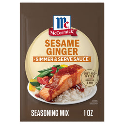 A package of Mccormick Sesame Ginger All Purpose Sauce Mix Envelope 1 Oz is shown with a serving suggestion of salmon and rice.
