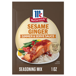 A package of Mccormick Sesame Ginger All Purpose Sauce Mix Envelope 1 Oz is shown with a serving suggestion of salmon and rice.
