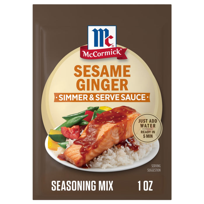 A package of Mccormick Sesame Ginger All Purpose Sauce Mix Envelope 1 Oz is shown with a serving suggestion of salmon and rice.