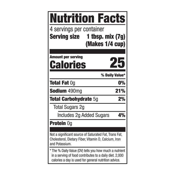 The Nutrition Facts label for the Mccormick Sesame Ginger All Purpose Sauce Mix Envelope 1 Oz, indicating that one serving contains 25 calories and 490mg of sodium.