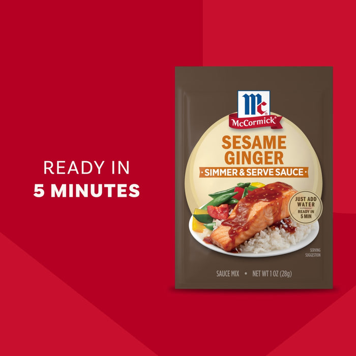 A packet of Mccormick Sesame Ginger All Purpose Sauce Mix Envelope 1 Oz is shown next to text that reads, Ready in 5 minutes.