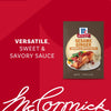 An advertisement for Mccormick Sesame Ginger All Purpose Sauce Mix Envelope 1 Oz shows the product packet next to a serving suggestion of salmon and vegetables over rice, against a red background with the words Versatile, Sweet &amp; Savory Sauce.