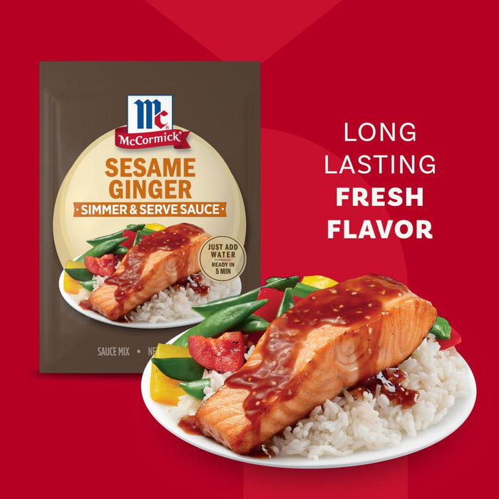 An advertisement shows a package of Mccormick Sesame Ginger All Purpose Sauce Mix Envelope 1 Oz next to a finished dish of salmon and vegetables over rice, all topped with the prepared sauce.
