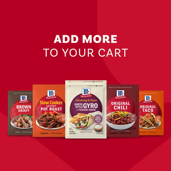 An advertisement encourages shoppers to add more to their cart, featuring a variety of McCormick seasoning mixes, including a packet of Mccormick Regular Sauce And Seasoning Mix Envelope 1.5 Oz for Greek Style Gyros.