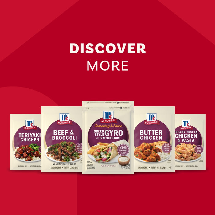 A promotional image on a red background encourages customers to DISCOVER MORE with a variety of McCormick seasoning mixes, including Teriyaki Chicken, Beef &amp; Broccoli, a central Mccormick Regular Sauce And Seasoning Mix Envelope 1.5 Oz for Greek Style Gyro, Butter Chicken, and Creamy Tuscan Chicken &amp; Pasta.