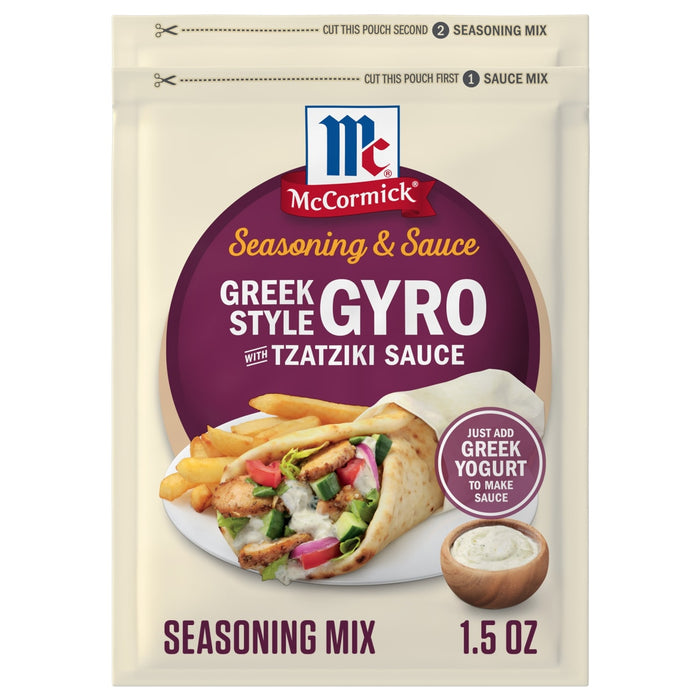 A package of Mccormick Regular Sauce And Seasoning Mix Envelope 1.5 Oz for Greek Style Gyro is displayed in front of a prepared gyro in a pita with a side of french fries.