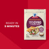 A package of Mccormick Regular Sauce And Seasoning Mix Envelope 1.5 Oz for Greek Style Gyro is shown next to a prepared gyro and the words Ready in 5 Minutes.