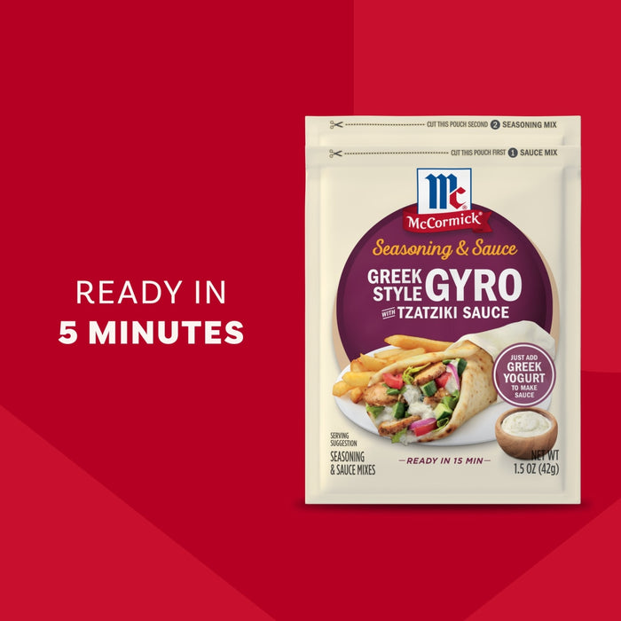 A package of Mccormick Regular Sauce And Seasoning Mix Envelope 1.5 Oz for Greek Style Gyro is shown next to a prepared gyro and the words Ready in 5 Minutes.
