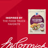 A package of Mccormick Regular Sauce And Seasoning Mix Envelope 1.5 Oz for Greek Style Gyro is shown next to a prepared gyro, set against a red background with the text Inspired by the food truck favorite.