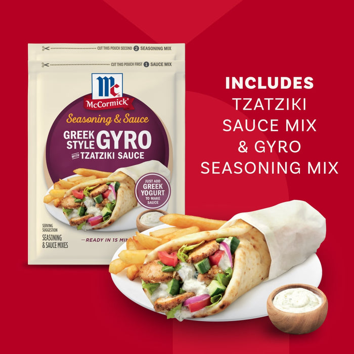 A package of Mccormick Regular Sauce And Seasoning Mix Envelope 1.5 Oz for Greek Style Gyro is displayed next to a prepared gyro with fries, showcasing a quick 15-minute meal.