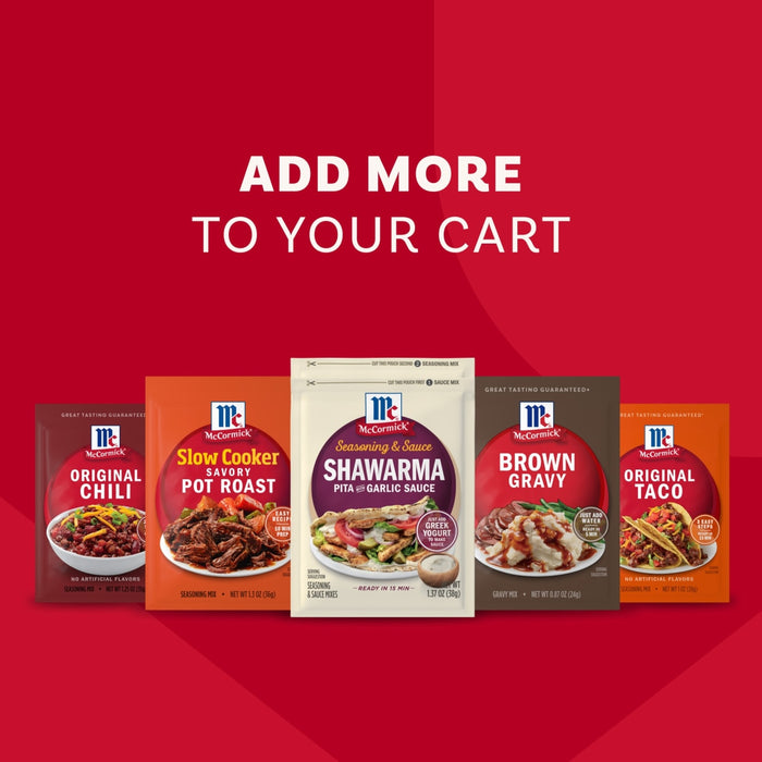 A promotional image encourages shoppers to ADD MORE TO YOUR CART by displaying a variety of McCormick seasoning packets, including the Mccormick Regular Sauce And Seasoning Mix Envelope 1.37 Oz for Shawarma, alongside Chili, Pot Roast, Brown Gravy, and Taco mixes.
