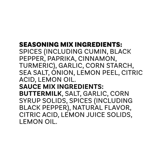 The image displays the ingredient list for the Mccormick Regular Sauce And Seasoning Mix Envelope 1.37 Oz, detailing the components for both the seasoning mix and the sauce mix.