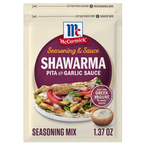 A front view of the Mccormick Regular Sauce And Seasoning Mix Envelope 1.37 Oz for Shawarma Pita with Garlic Sauce, featuring a serving suggestion of a pita filled with chicken, vegetables, and garlic sauce.