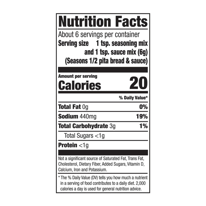 The nutrition facts label for a Mccormick Regular Sauce And Seasoning Mix Envelope 1.37 Oz, indicating that one serving contains 20 calories and 440mg of sodium.