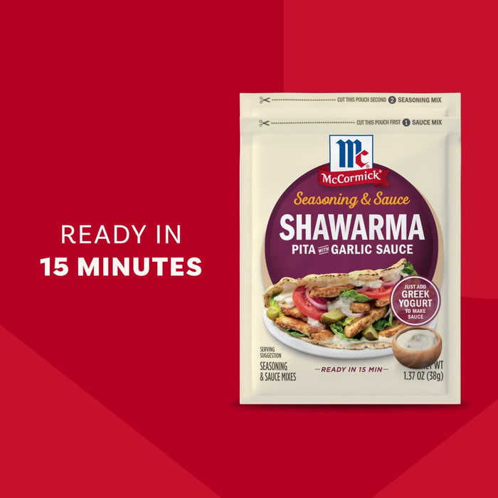 A package of Mccormick Regular Sauce And Seasoning Mix Envelope 1.37 Oz for Shawarma is shown next to a serving suggestion of a finished pita, with text highlighting it is ready in 15 minutes.