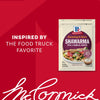 An advertisement shows a package of Mccormick Regular Sauce And Seasoning Mix Envelope 1.37 Oz for Shawarma next to a prepared pita sandwich.