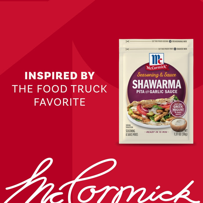 An advertisement shows a package of Mccormick Regular Sauce And Seasoning Mix Envelope 1.37 Oz for Shawarma next to a prepared pita sandwich.